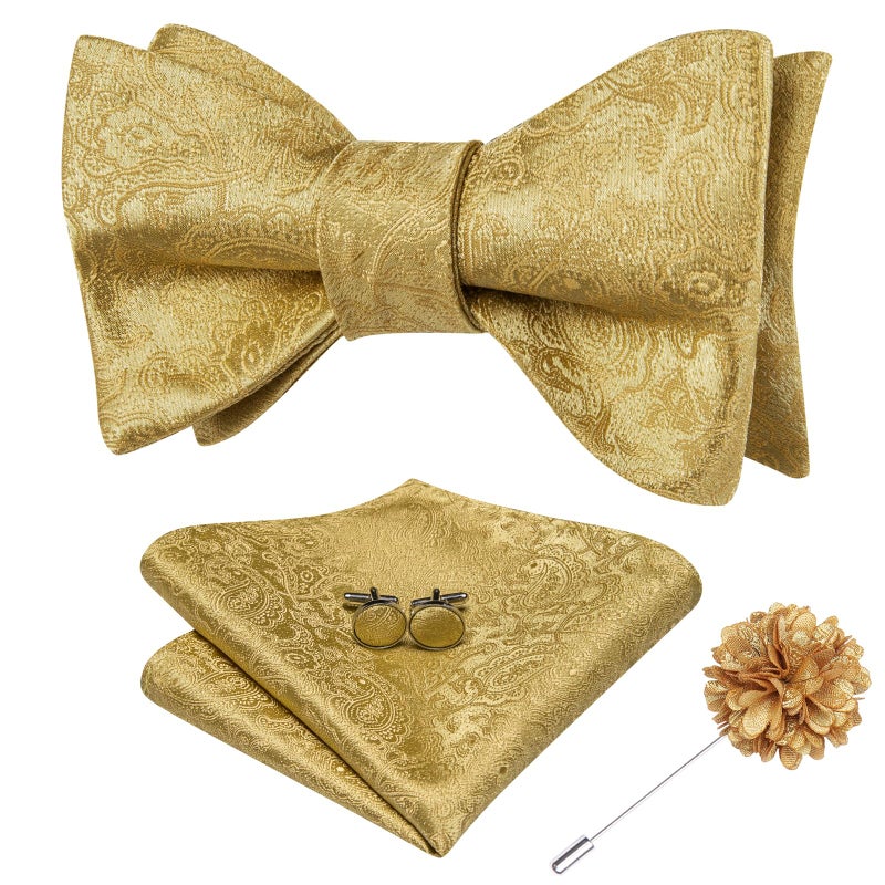 Dubulle Self Tie Gold Bow Tie and Lapel Pin Set Bow Ties for Men Paisley Floral Handkerchief Cufflinks Set Wedding - Image 1